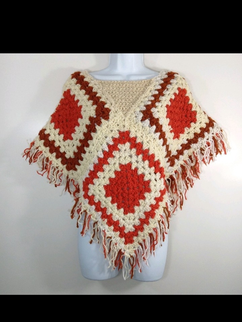 Vtg Handmade Cream and Rust Crochet Granny Square Poncho Sweater